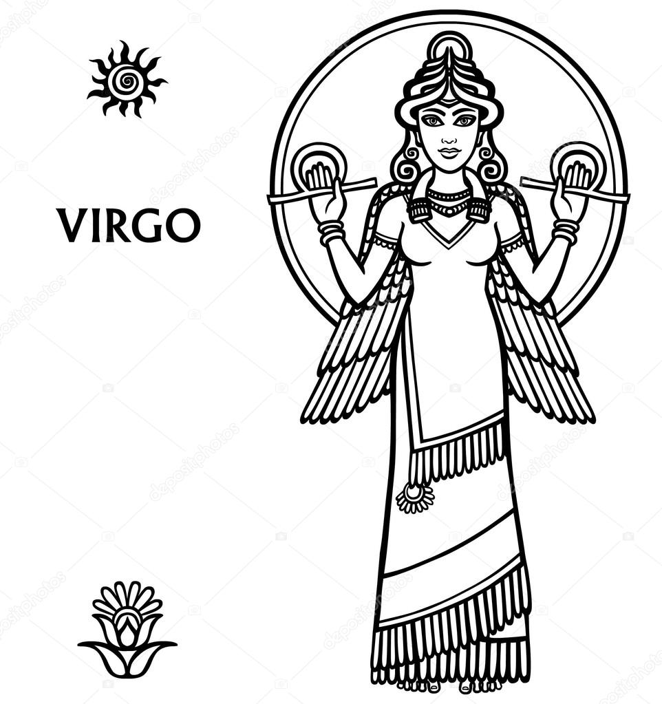 Zodiac sign Virgo. Full growth. Vector art. Black and white zodiac drawing isolated on white.