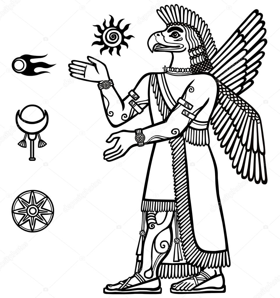 Vector illustration: a silhouette of the Assyrian deity with a body of the person and the head of a bird. Character of Sumerian mythology. Set of space solar symbols.