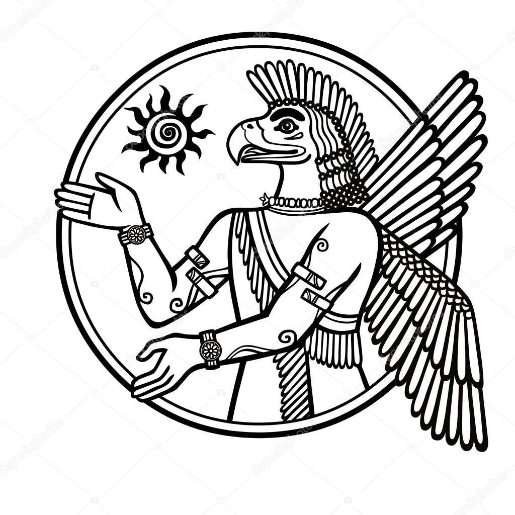 Linear drawing: a silhouette of the Assyrian deity with a body of the person and the head of a bird. Character of Sumerian mythology. Black-and-white vector illustration.