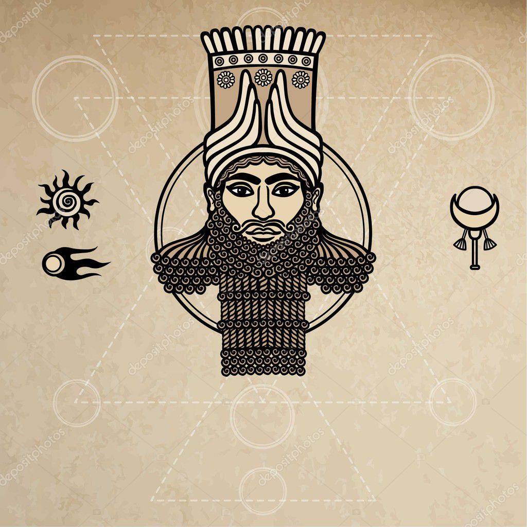 Portrait of the Assyrian man. Character of Sumer mythology. Space symbols. A background - imitation of old paper.
