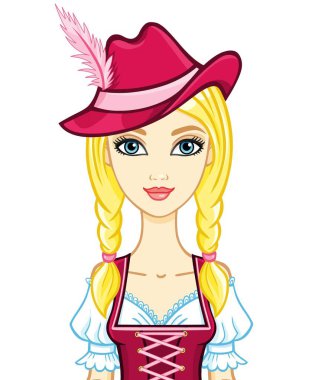 Eski bir Bavyera elbiseli animasyon portre genç kız. Beyaz bir arka plan üzerinde izole vektör çizim.