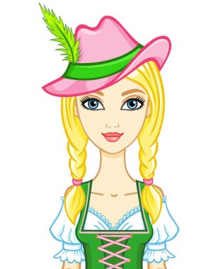 Eski bir Bavyera elbiseli animasyon portre genç kız. Beyaz bir arka plan üzerinde izole vektör çizim.