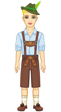Animation young man in ancient Bavarian clothes. The vector illustration isolated on a white background. clipart