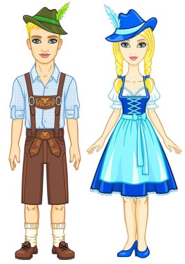 Bavyera aile eski geleneksel kıyafetleri animasyon portresi. Tam büyüme. Beyaz bir arka plan üzerinde izole vektör çizim.