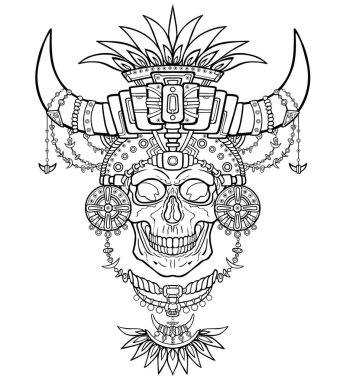 Şaman'ın anne, hayvan boynuzları olan sihirli giysiler içinde insan kafatası. Boho tasarım, Hint motifleri. Beyaz bir arka plan üzerinde izole doğrusal çizim. İllüstrasyon vektör, boyama kitabı için kullanılması.