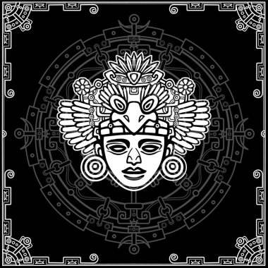 Doğrusal çizim: eski bir Hint Tanrı süsleyici resim. Sihirli daire. Siyah-beyaz vektör çizim.