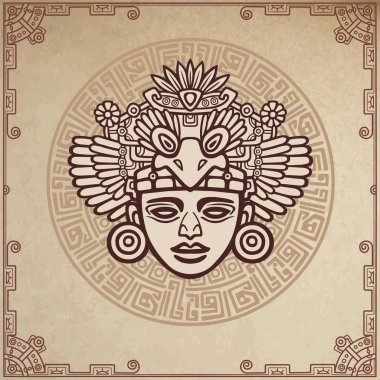 Doğrusal çizim: eski bir Hint Tanrı süsleyici resim. Sihirli daire. Arka plan - taklit eski kağıt. Vektör çizim.