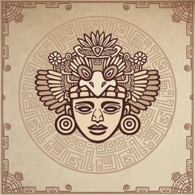 Doğrusal çizim: eski bir Hint Tanrı süsleyici resim. Sihirli daire. Arka plan - taklit eski kağıt. Vektör çizim.