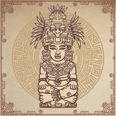 Linear drawing: decorative image of an ancient Indian deity. Magic circle. A background - imitation of old paper. Vector illustration. clipart