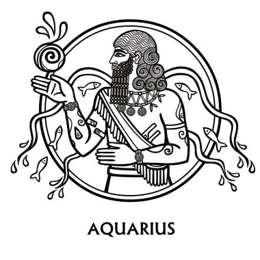 Burç Kova. Vektör sanat. Siyah ve beyaz zodyak çizim üzerinde beyaz izole.