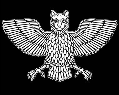 Efsanevi hayvan, bir kuş bir vücut ve bir aslan başkanı ile Anzud. Sümer mitolojisindeki karakter. Beyaz siluet siyah bir arka plan üzerinde izole. Vektör çizim.