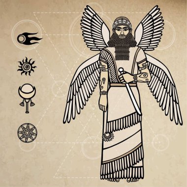 Ancient Assyrian winged deity. Character of Sumerian mythology. Space symbols. Background - imitation of old paper. Vector illustration. clipart