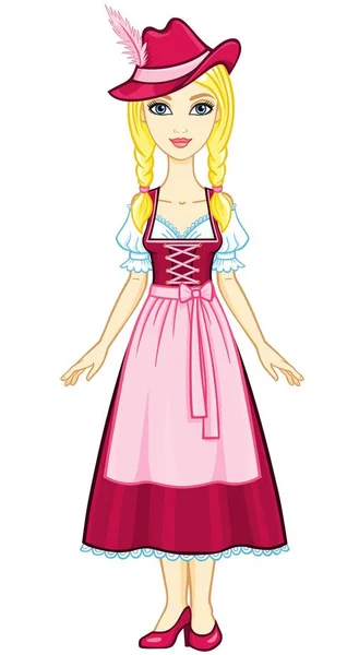 Animation Porträt junges Mädchen in einem alten bayerischen Kleider.Vektor Illustration isoliert auf weißem Hintergrund. — Stockvektor