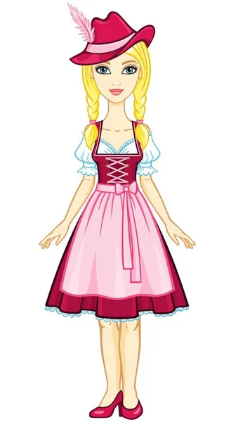 Meisje van de animatie in oude Beierse kleding en een hoed. De vectorillustratie geïsoleerd op een witte achtergrond. — Stockvector