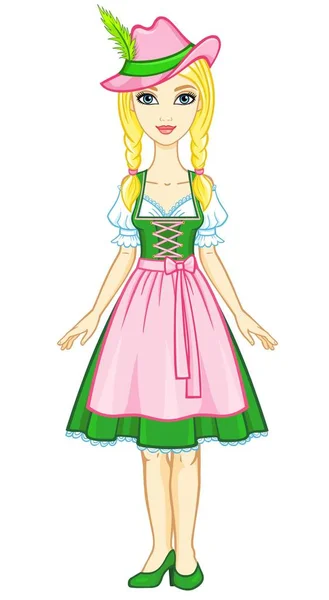 Animasyon kız eski Bavyera elbise ve şapka. Beyaz bir arka plan üzerinde izole vektör çizim. — Stok Vektör