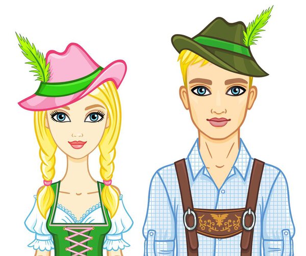 Animation portrait of a family of the European appearance in ancient Bavarian clothes. The vector illustration isolated on a white background.