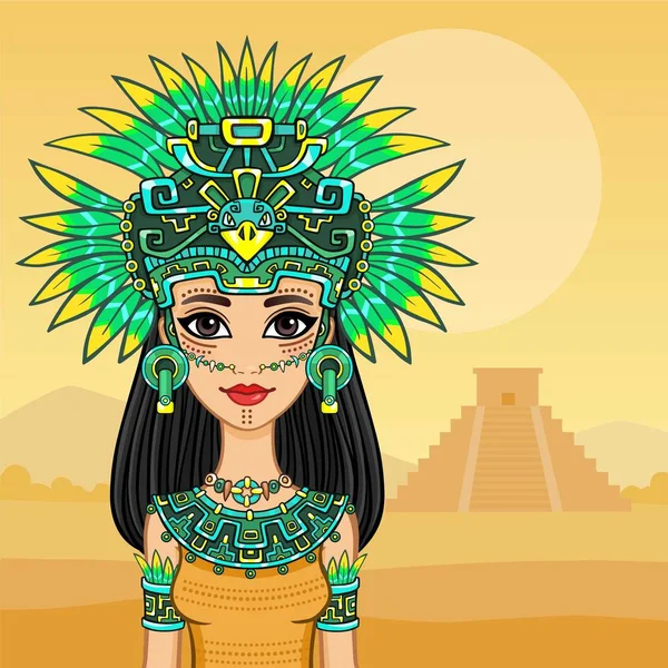 Retrato de animación de la hermosa niña vestida con un vestido de indio nativo americano. El fondo - el paisaje veraniego, la pirámide antigua. Ilustración vectorial . — Vector de stock