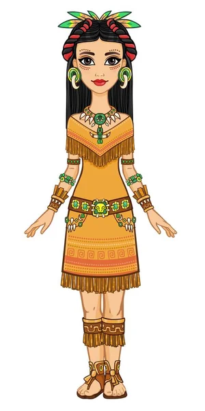 Retrato de animación de la hermosa niña vestida con un vestido de indio nativo americano. Crecimiento total. Ilustración vectorial aislada sobre fondo blanco . — Archivo Imágenes Vectoriales