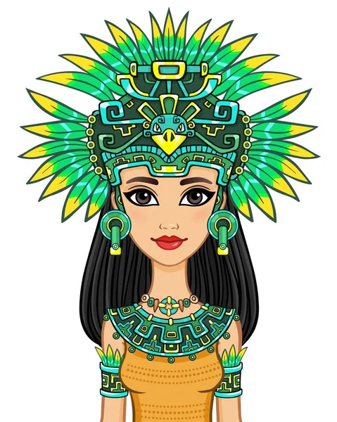 Portret van de animatie van het mooie meisje in een jurk van de Native American Indian. Vectorillustratie geïsoleerd op een witte achtergrond. — Stockvector