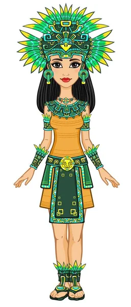 Retrato de animación de la hermosa niña vestida con un vestido de indio nativo americano. Crecimiento total. Ilustración vectorial aislada sobre fondo blanco . — Vector de stock