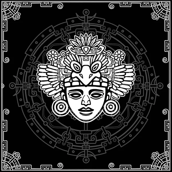 Dibujo lineal: imagen decorativa de una antigua deidad india. Un círculo mágico. Ilustración vectorial en blanco y negro . — Vector de stock