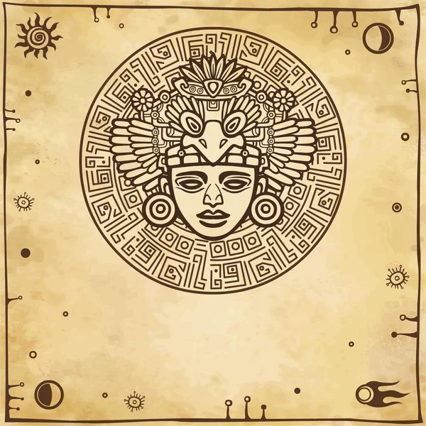 Dibujo lineal: imagen decorativa de una antigua deidad india. Símbolos espaciales. El fondo - la imitación del papel viejo. Ilustración vectorial . — Vector de stock