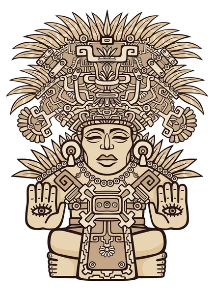 Desenho linear: imagem decorativa de uma divindade indiana antiga. Motivos da arte Índio nativo-americano. Design étnico, símbolo tribal. Ilustração vetorial isolada sobre fundo branco . —  Vetores de Stock