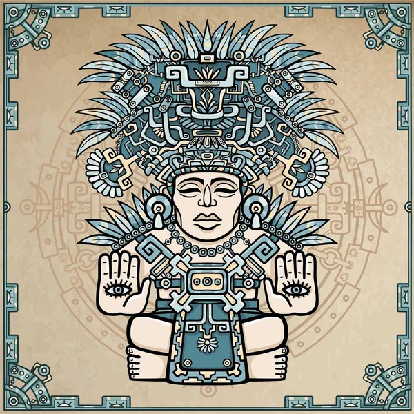 線形描画: 古代インド神の装飾的なイメージ。原産のアメリカインディアンの芸術の動機。エスニックなデザイン、部族のシンボル。背景 - 模倣の古い紙します。ベクトル図. — ストックベクタ