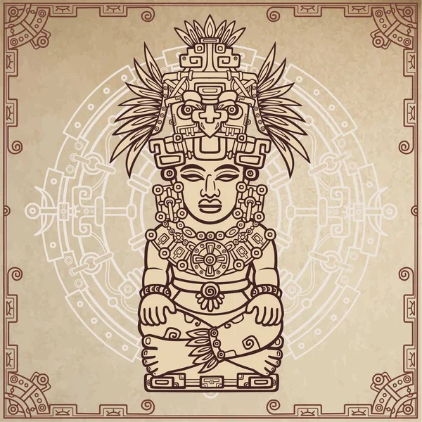 Linear drawing: decorative image of an ancient Indian deity. Magic circle. A background - imitation of old paper. Vector illustration. — Stock Vector