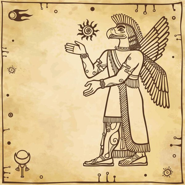 Vector illustration: a silhouette of the Assyrian deity with a body of the person and the head of a bird. Character of Sumerian mythology. Full growth. Background - imitation of old paper.