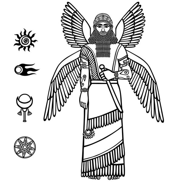 Image of a winged Assyrian deity. Character of Sumerian mythology. Set of space solar symbols. Black-and-white vector illustration. Isolated on a white background.