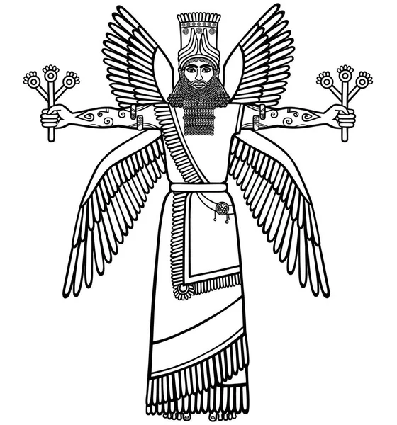 Image d'une divinité assyrienne ailée. Caractère de la mythologie sumérienne. Illustration vectorielle en noir et blanc. Isolé sur fond blanc . — Image vectorielle