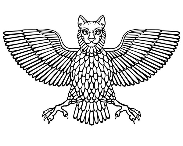 The mythical animal, Anzud with a body of a bird and the head of a lion. Character of Sumerian mythology. The black silhouette isolated on a white background. Vector illustration.