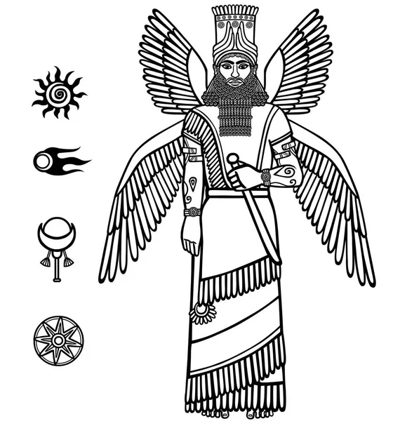 Image d'une divinité assyrienne ailée. Caractère de la mythologie sumérienne. Ensemble de symboles solaires spatiaux. Illustration vectorielle en noir et blanc. Isolé sur fond blanc . — Image vectorielle