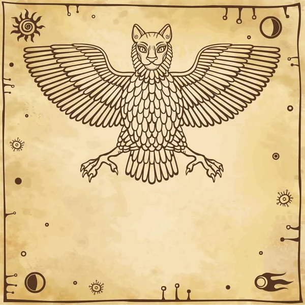 神话中的动物，Anzud 与身体的一只鸟和一只狮子的头。苏美尔神话的字符。一个地方的文本。背景-仿旧纸张。矢量图. — 图库矢量图片