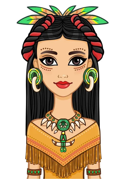 Retrato de animación de la hermosa niña vestida con un vestido de indio nativo americano. Ilustración vectorial aislada sobre fondo blanco . — Vector de stock