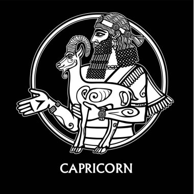 Oğlak Burcu. Sümer mitolojisindeki karakter. Doğrusal çizim, izole bir siyah arka plan üzerine beyaz kontur. Vektör çizim. Baskı, poster, tişört, tekstil.