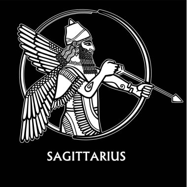 Burç yay. Sümer mitolojisindeki karakter. Doğrusal çizim, izole bir siyah arka plan üzerine beyaz kontur. Vektör çizim. Baskı, poster, tişört, tekstil.