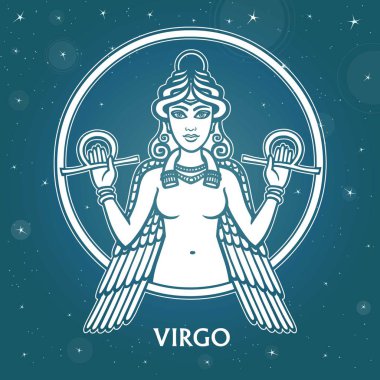 Başak burcu. Sümer mitolojisindeki karakter. Arka plan - yıldızlı gökyüzü. Vektör çizim.