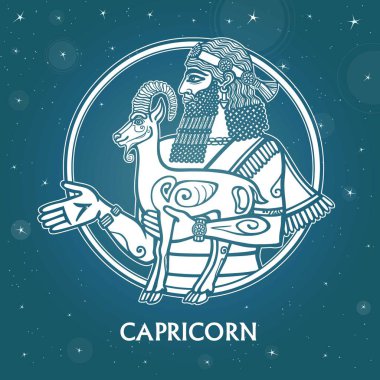 Oğlak Burcu. Sümer mitolojisindeki karakter. Arka plan - yıldızlı gökyüzü. Vektör çizim.