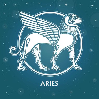Burç koç. Sümer mitolojisindeki karakter. Arka plan - yıldızlı gökyüzü. Vektör çizim.