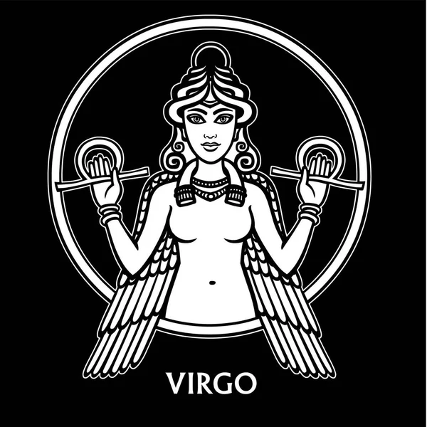 Horoszkóp szűz. Sumer mitológia jellege. A lineáris rajz, elszigetelt, fekete alapon fehér kontúr. Vektoros illusztráció. Nyomtatás, plakát, póló, textil. — Stock Vector