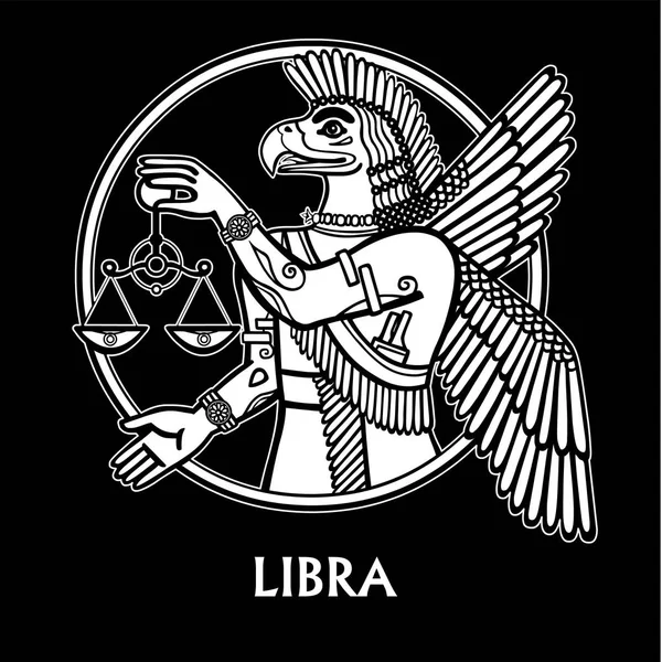 Libra znak zodiaku. Postać w mitologii sumeryjskiej. Rysunek liniowy, biały kontur na białym na czarnym tle. Ilustracja wektorowa. Druk, plakaty, koszulki, tekstylia. — Wektor stockowy