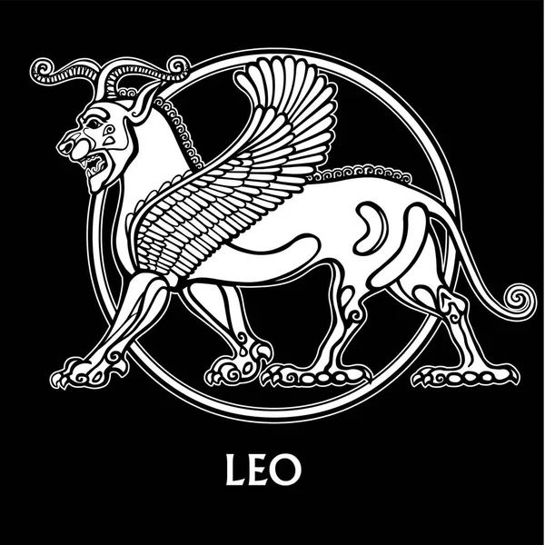 Znak zodiaku lew. Postać w mitologii sumeryjskiej. Rysunek liniowy, biały kontur na białym na czarnym tle. Ilustracja wektorowa. Druk, plakaty, koszulki, tekstylia. — Wektor stockowy