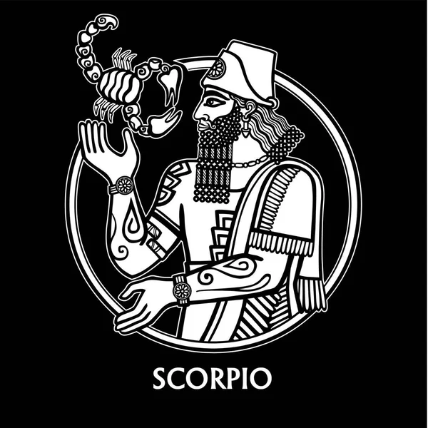 Stjärntecken Skorpionen. Karaktären av sumerisk mytologi. Den linjära teckning, vit kontur isolerad på en svart bakgrund. Vektorillustration. Tryck, affischer, t-shirt, textilier. — Stock vektor