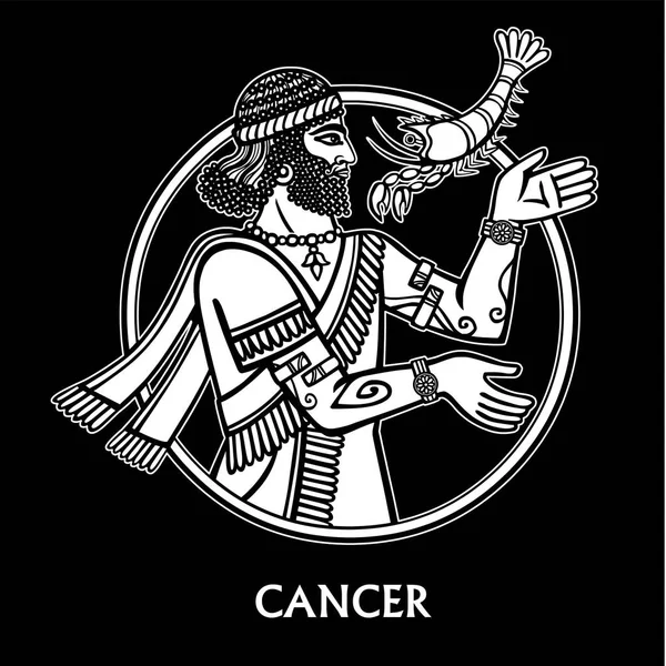 Signo do zodíaco Cancro. Caráter da mitologia suméria. O desenho linear, contorno branco isolado sobre um fundo preto. Ilustração vetorial. Impressão, cartazes, t-shirt, têxteis . — Vetor de Stock