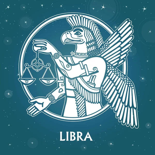 Tanda Zodiac Libra. Karakter mitologi Sumeria. Latar Belakang langit bintang. Ilustrasi vektor . - Stok Vektor