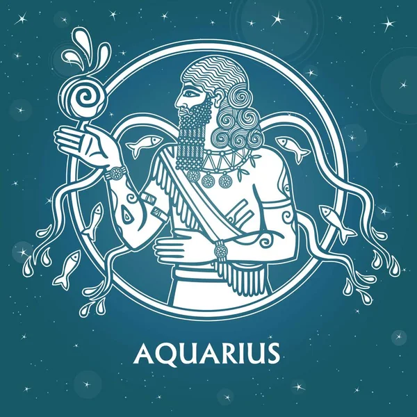 Zodiac tanda Aquarius. Karakter mitologi Sumeria. Latar Belakang langit bintang. Ilustrasi vektor . - Stok Vektor