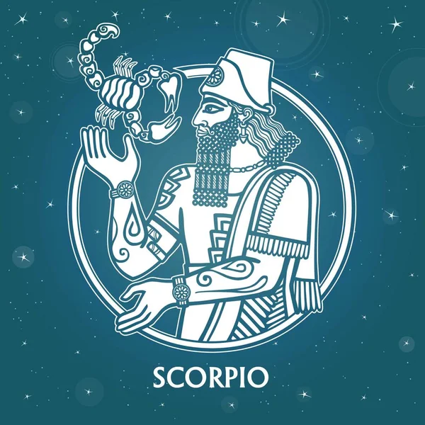 Signe du zodiaque Scorpion. Caractère de la mythologie sumérienne. Contexte - le ciel étoilé. Illustration vectorielle . — Image vectorielle