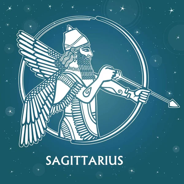 Tanda zodiak Sagitarius. Karakter mitologi Sumeria. Latar Belakang langit bintang. Ilustrasi vektor . - Stok Vektor